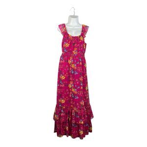 Old Navy Pink Floral Ruffle Maxi Dress Medium Smocked Waist Tiered Hem Boho Chic